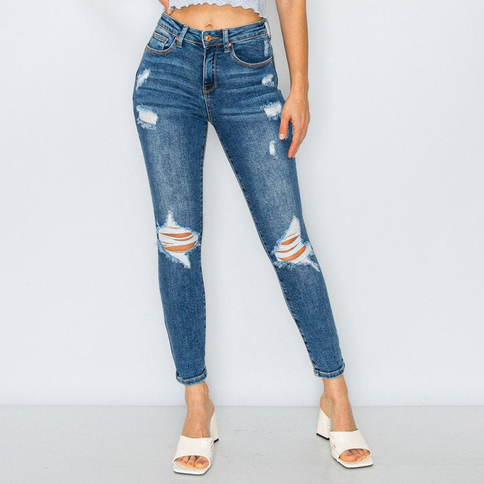 Wax Jean - Pantalones de mezclilla ajustados elásticos y con efecto push up auténticos y con detalles rotos para mujer - 90299