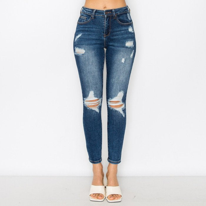 Wax Jean - Pantalones de mezclilla ajustados elásticos y con efecto push up auténticos y con detalles rotos para mujer - 90299