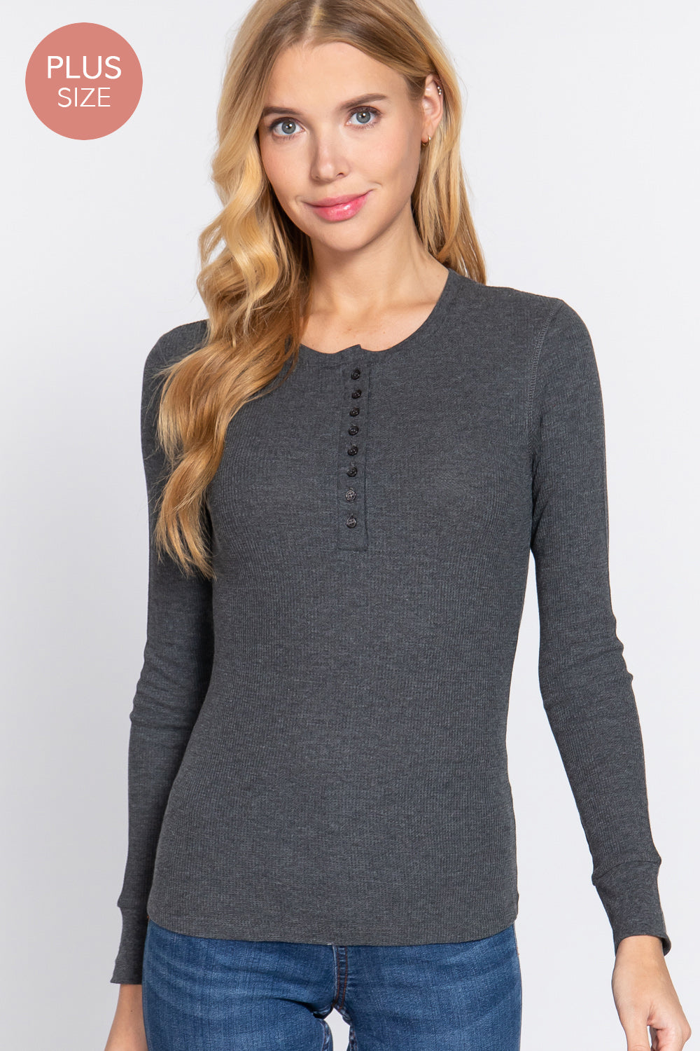 Active USA - Women's Long Sleeve Henley Thermal Knit Top [Plus Size] - T71757