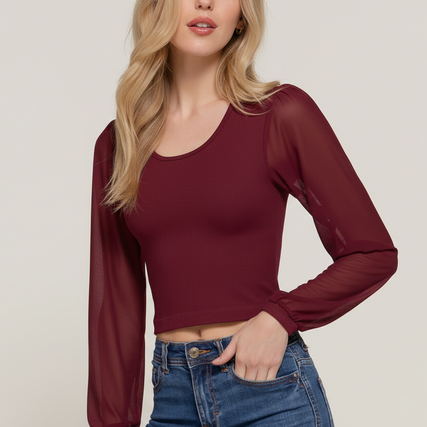 Active USA - Women's Mesh Long Sleeve Round Neck Seamless Top - T14126