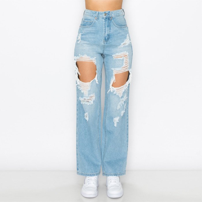 Wax Jean - Women's Blown Out Wide Leg Elastic Waist Jean - 90281