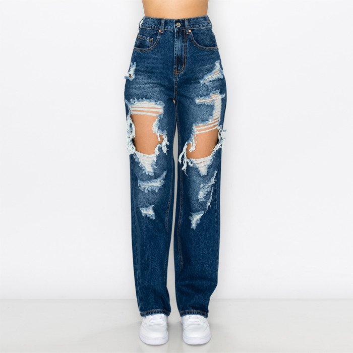 Wax Jean - Women's Blown Out Wide Leg Elastic Waist Jean - 90281
