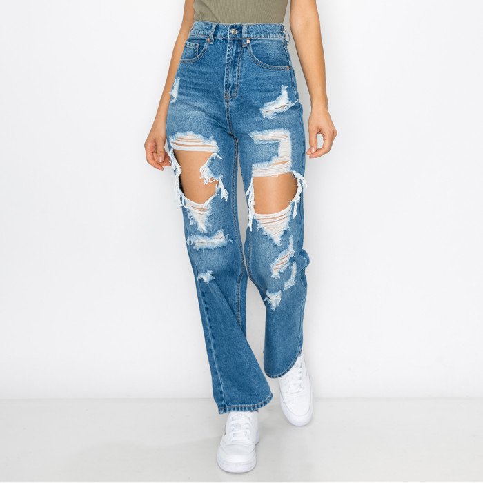 Wax Jean - Women's Blown Out Wide Leg Elastic Waist Jean - 90281