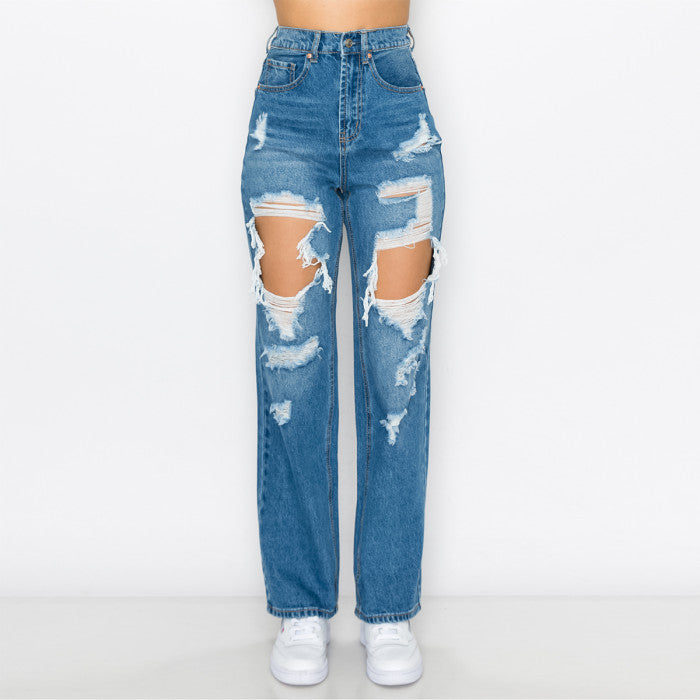 Wax Jean - Women's Blown Out Wide Leg Elastic Waist Jean - 90281