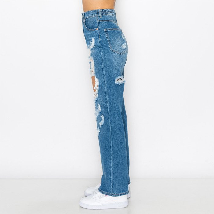 Wax Jean - Women's Blown Out Wide Leg Elastic Waist Jean - 90281