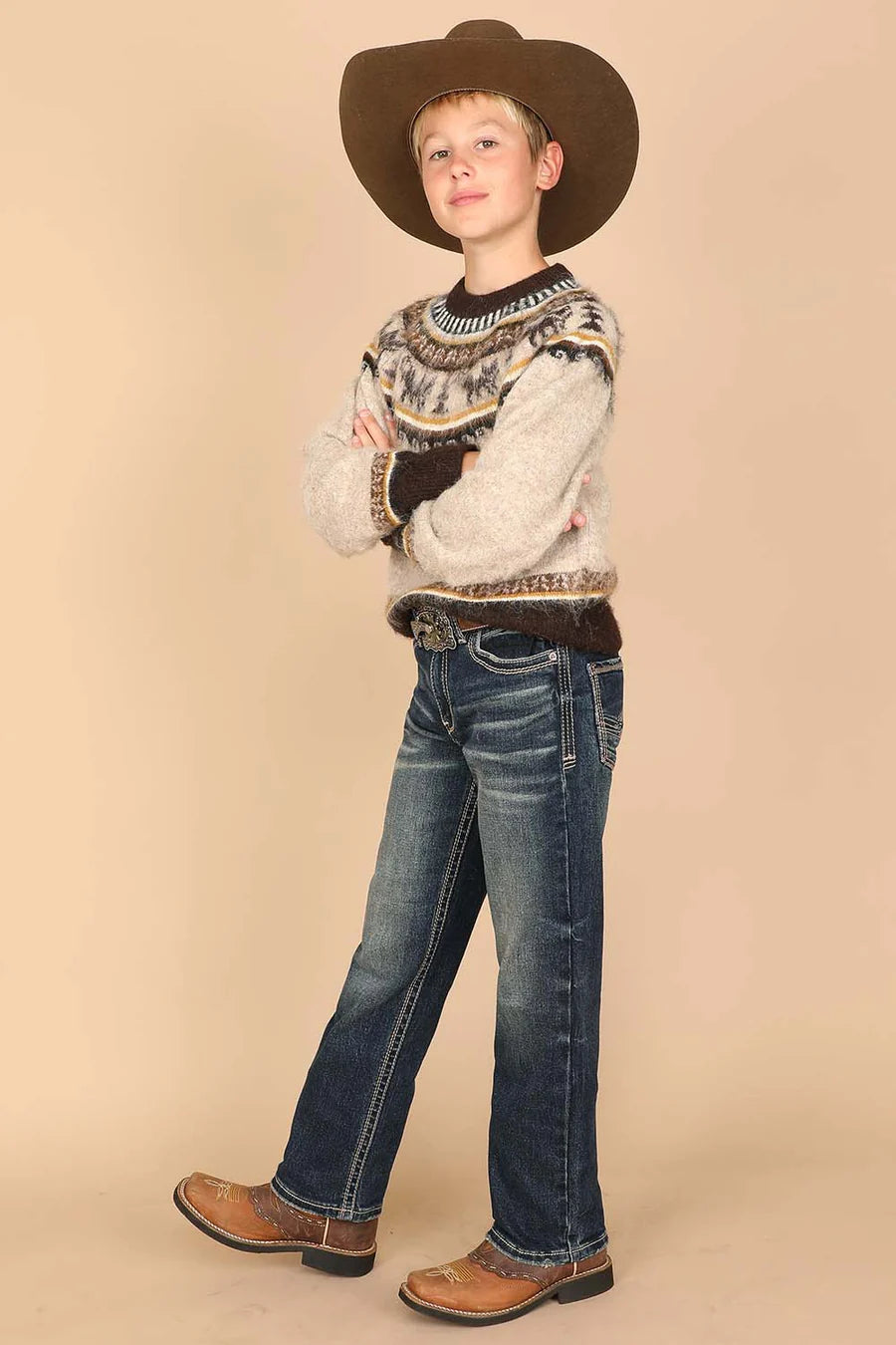 Western Blue - Jeans modernos tipo bootcut bordados para niño - W-481-K