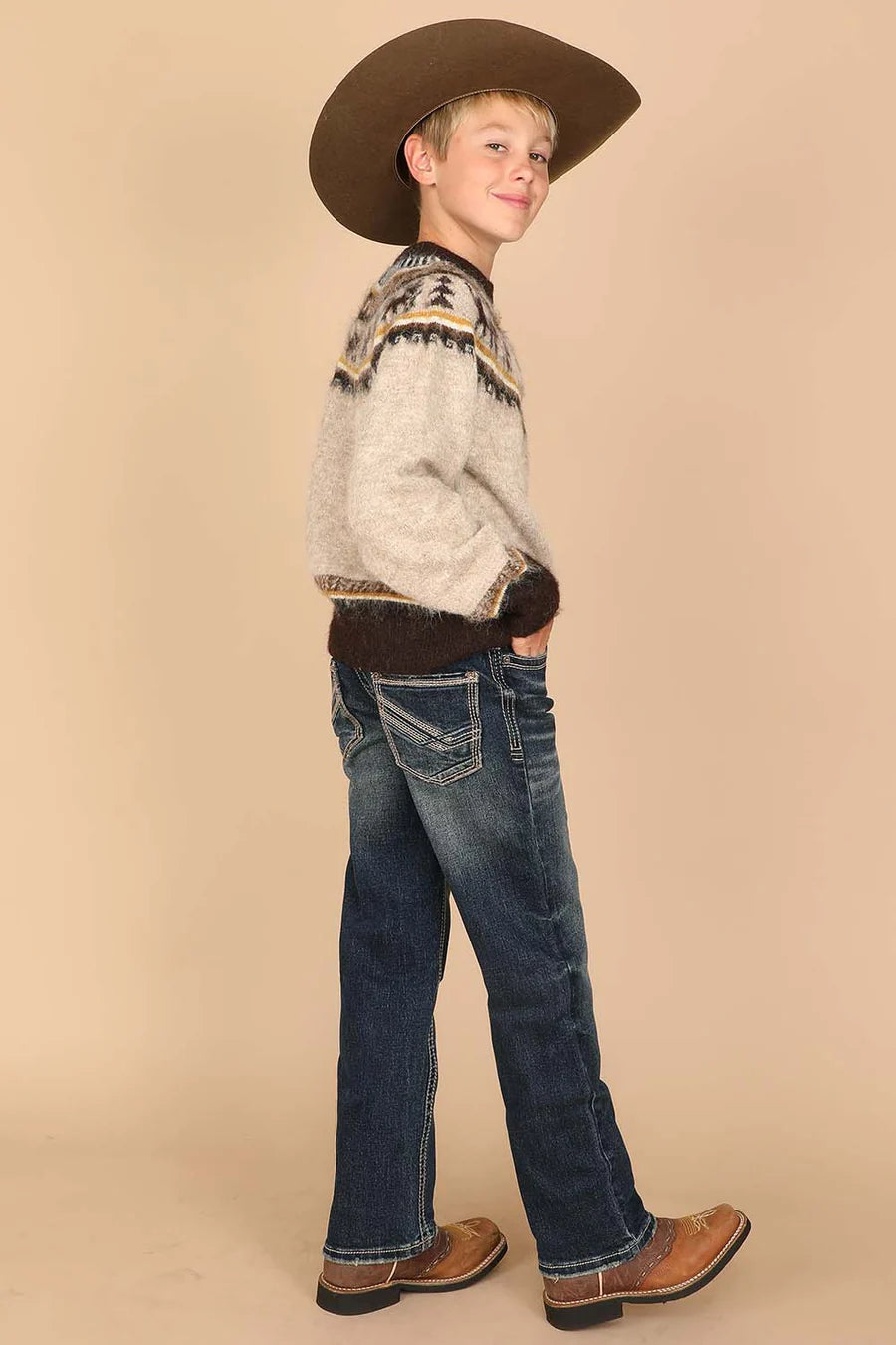 Western Blue - Boy's Embroidery Modern Bootcut Jeans -  W-481-K