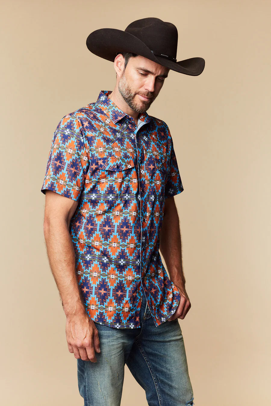 Western Blue - Camisa de manga corta para hombre Wild Venture Prints - WL-014