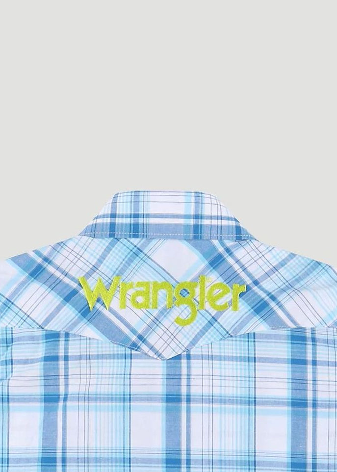 Blue plaid shirt with 'Wrangler' logo on a white background