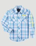 Blue plaid shirt with elbow patches on a white background