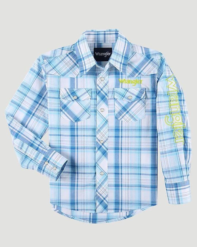 Blue plaid shirt with elbow patches on a white background