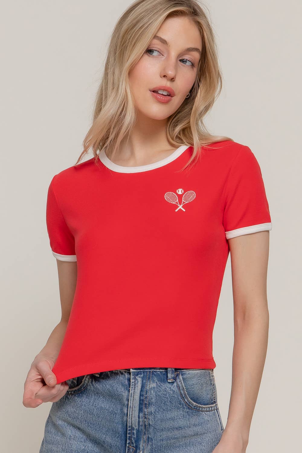 Active USA - Women's Short Sleeve Crew Neck Embroidery Ringer T-shirt - T14440