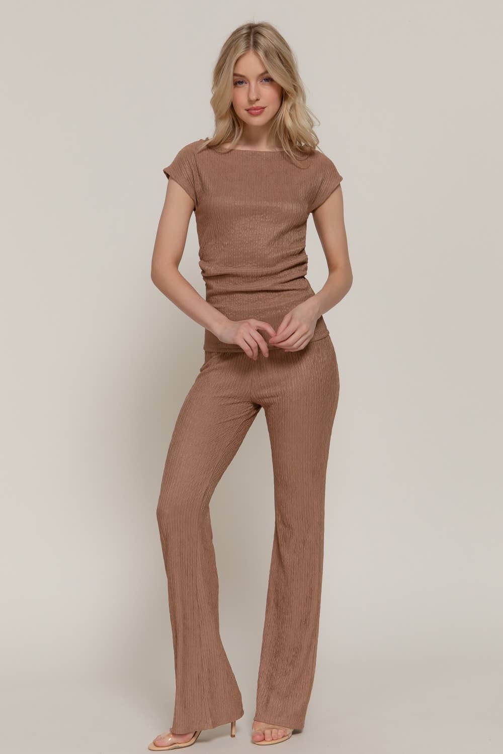 Active USA - Women's Short Dolman Sleeve Top & Flare Long Pants Wavy Crinkle Set - SET14762