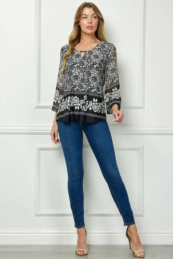 Colección Winslow - Blusa de punto con cuello redondo calado con estampado de flores vintage para mujer - G516401M68
