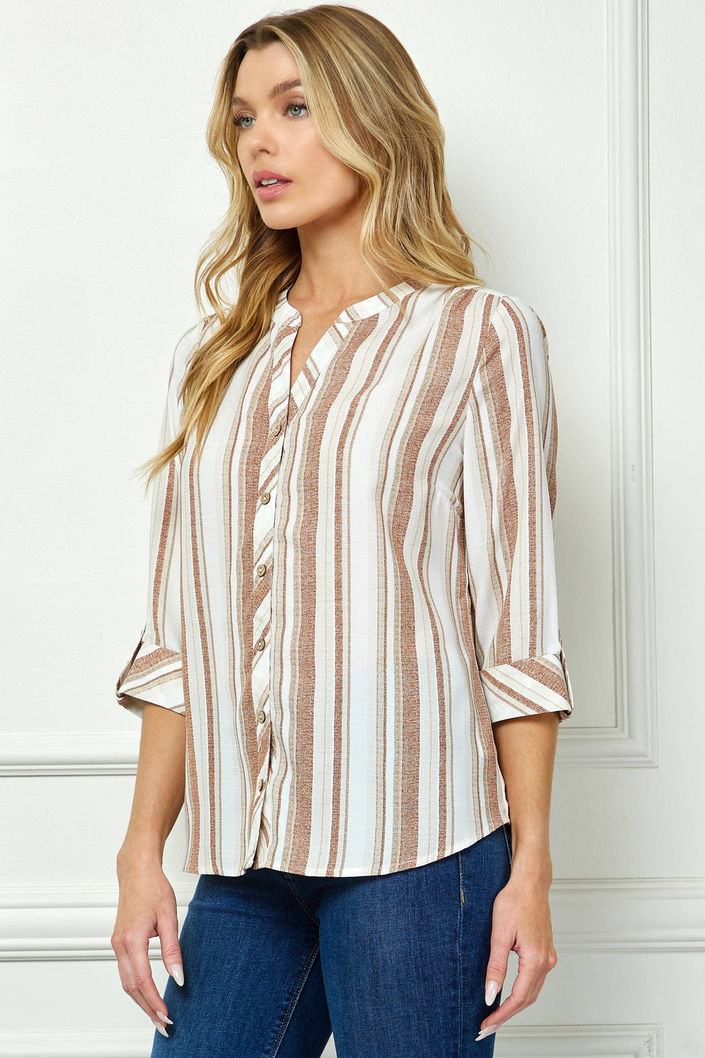Colección Winslow - Blusa de Mujer con Cuello Mandarín y Manga 3/4 enrollable - G946551A83