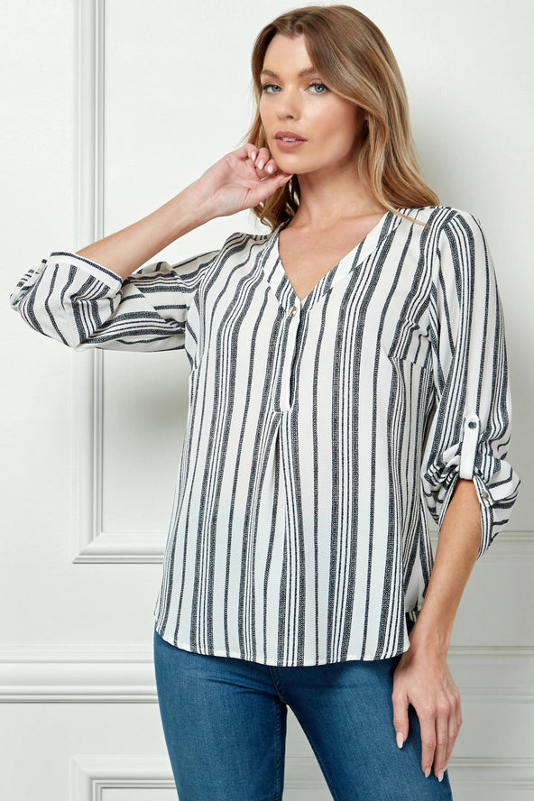 Colección Winslow - Blusa de Mujer con Rayas, Escote en V y Mangas con Botón - G943145G76