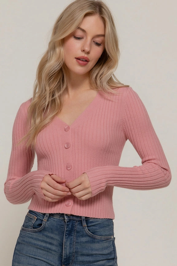 Active USA - Long Sleeve V-Neck Fitted Sweater Cardigan - SW13726