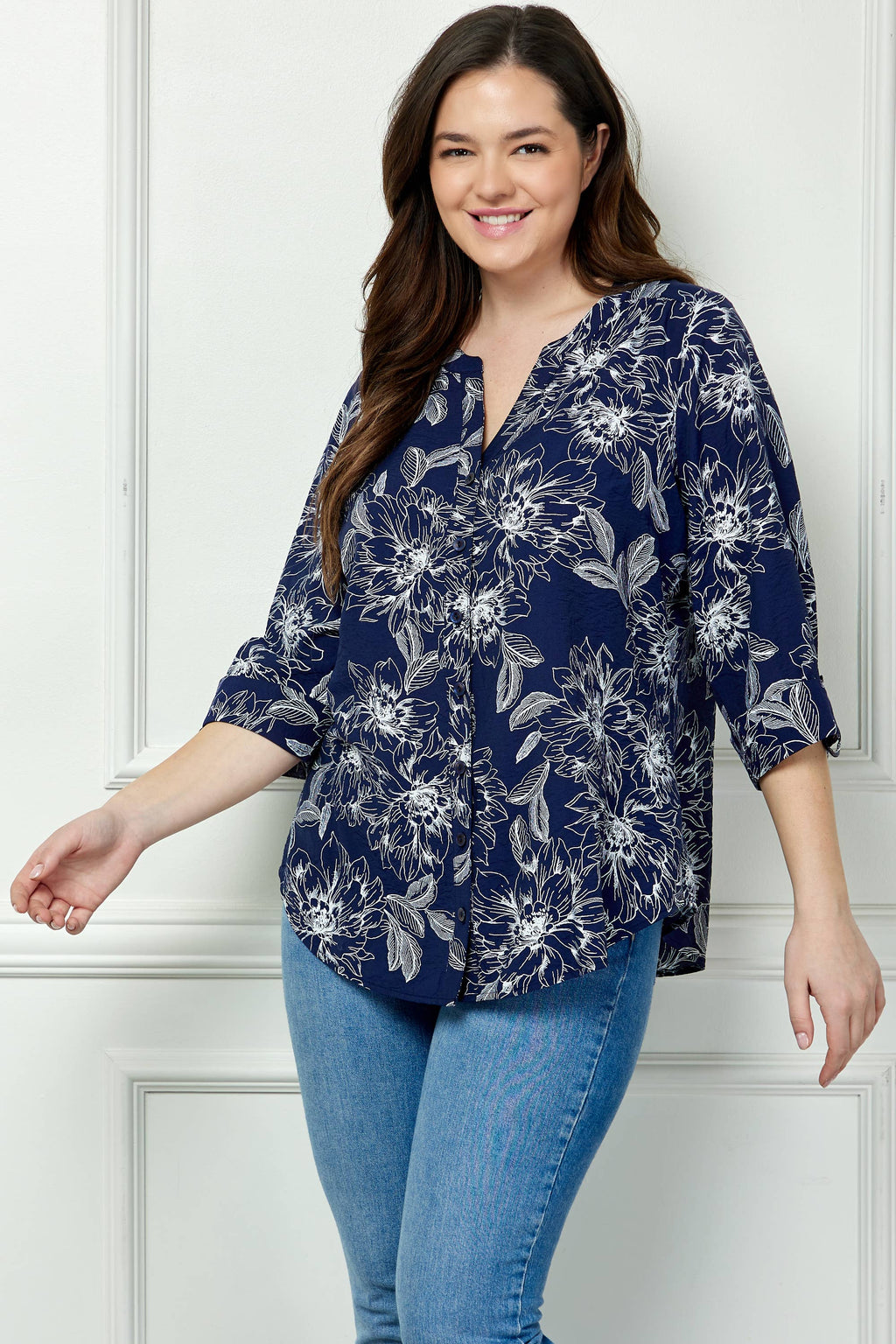 Colección Winslow - Blusa de cuello mandarín con mangas enrollables para mujer [Talla grande] - G946550B13X