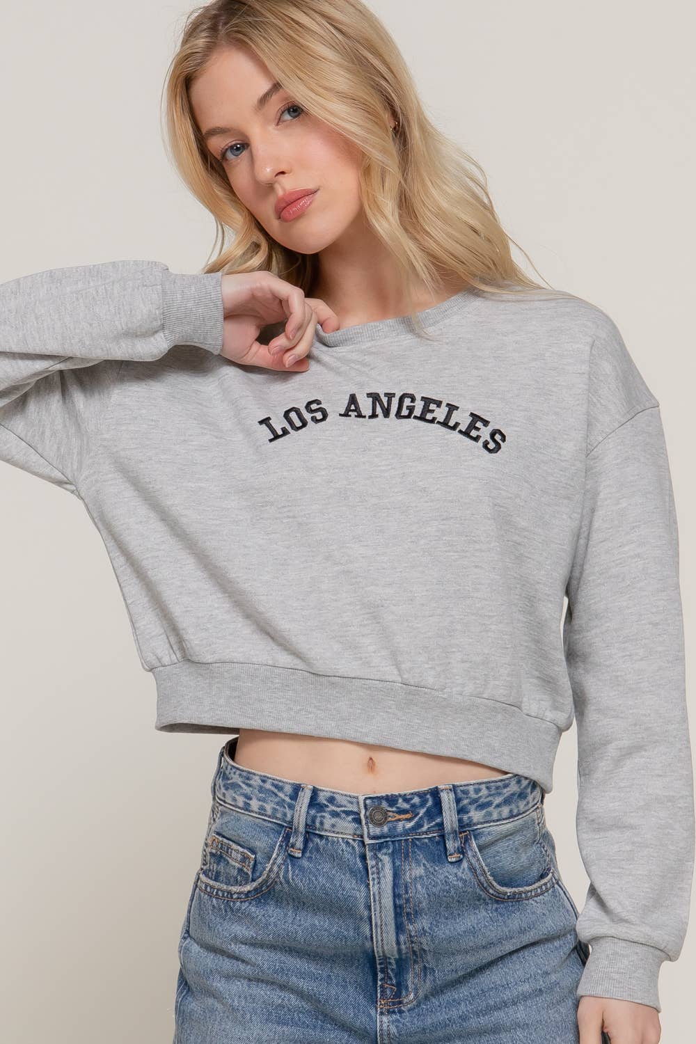 Active USA - Women's Long Dolman Sleeve Crew Neck Embroidery Crop Sweatshirt - T13931