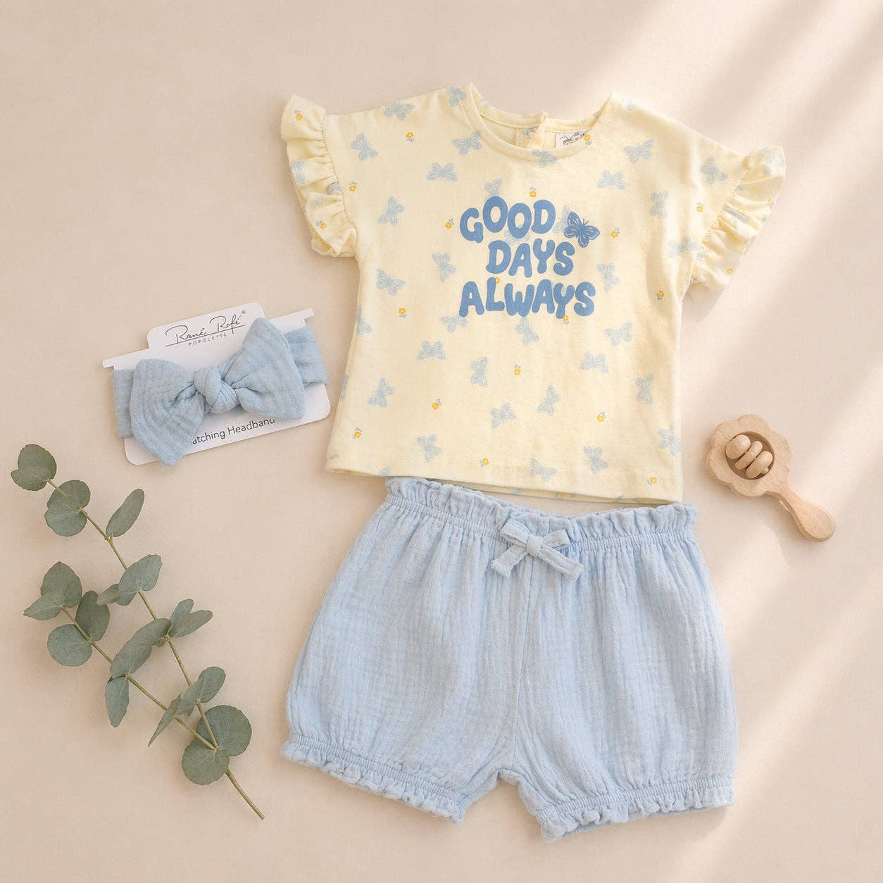 Conjunto de camiseta de algodón de manga corta con volantes y shorts para bebé niña - R012J802