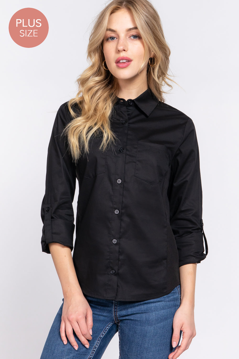 Active USA - (Plus) 3/4 Roll Up Slv Stretch Shirt - T73463