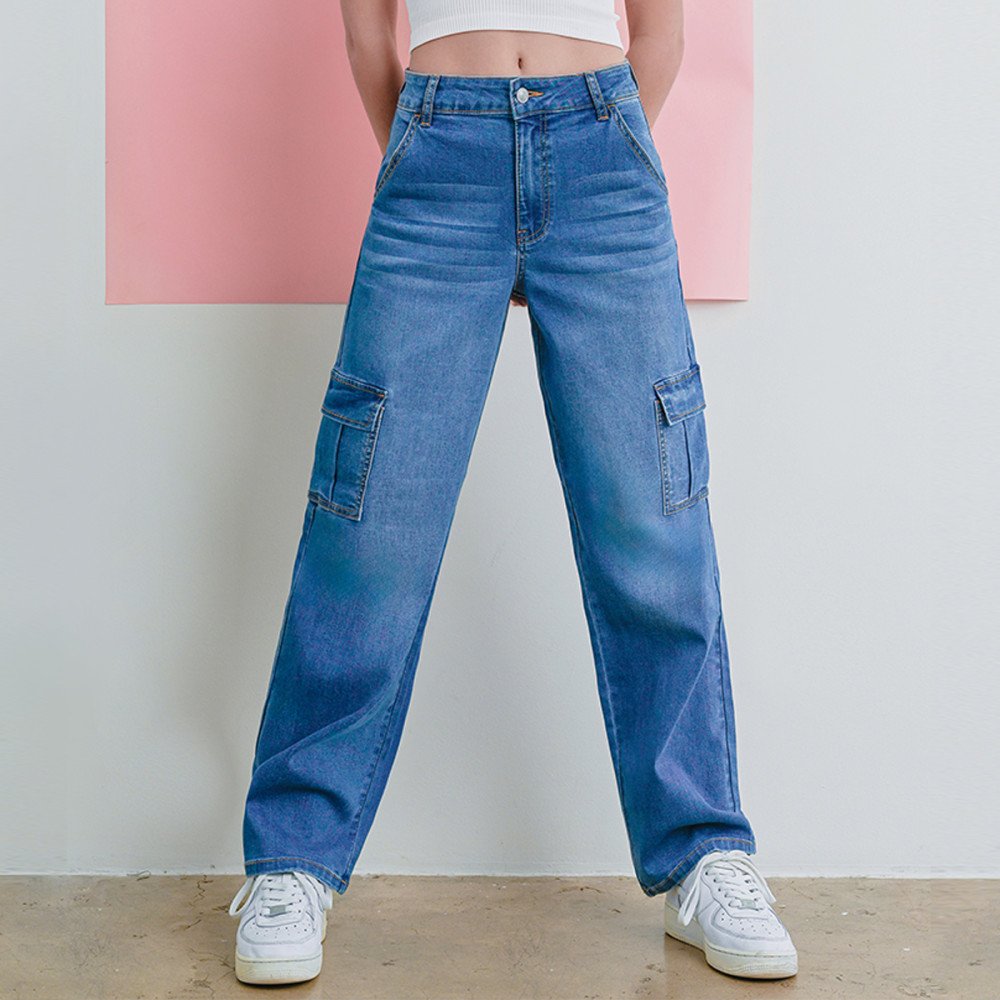 Wax Jean - Women's Cargo Long Denim Slanted Pocket Jean - 90337 