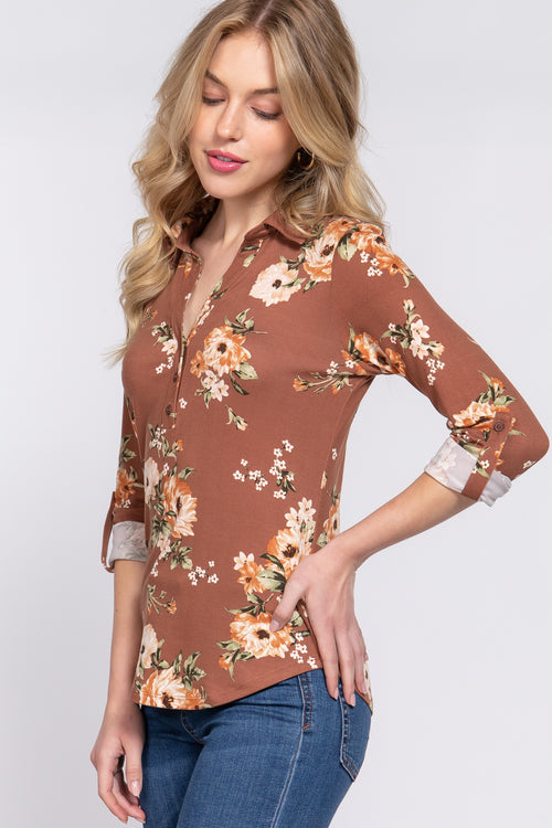 Active USA - 3/4 Roll Up Slv Notched Print Knit Top - T13625