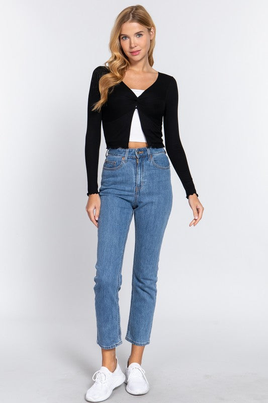 Active USA - Long Sleeve V-Neck Front Twisted Knit Top - T13284