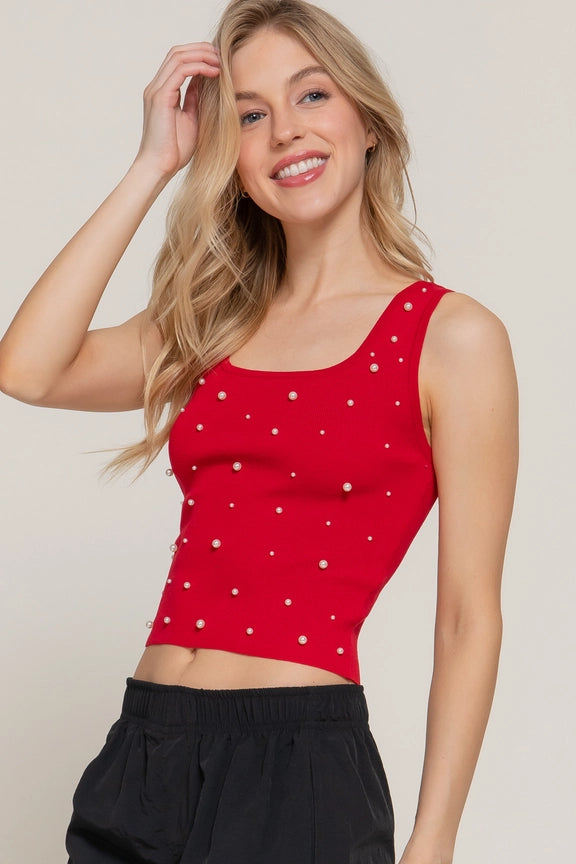 Active USA - Sleeveless Square Neck with Pearl Detail Spring Sweater - T13800