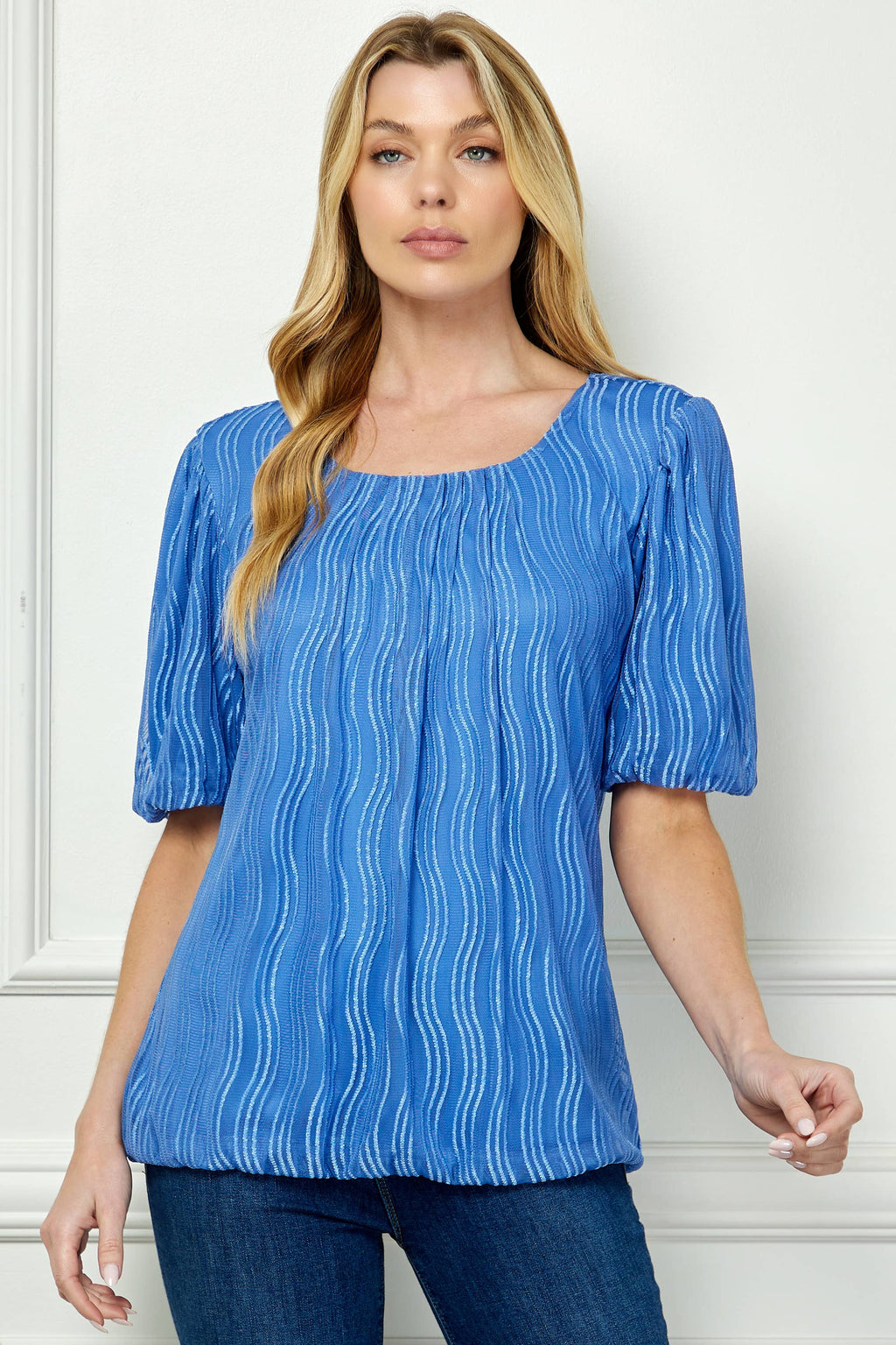 Winslow Collection - Women’s Wave Cord Mesh Bubble Sleeve Pleats Top - G52984T44