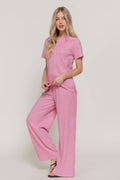 Active USA - Conjunto de top de manga corta y pantalón de punto ancho para mujer - SET14970