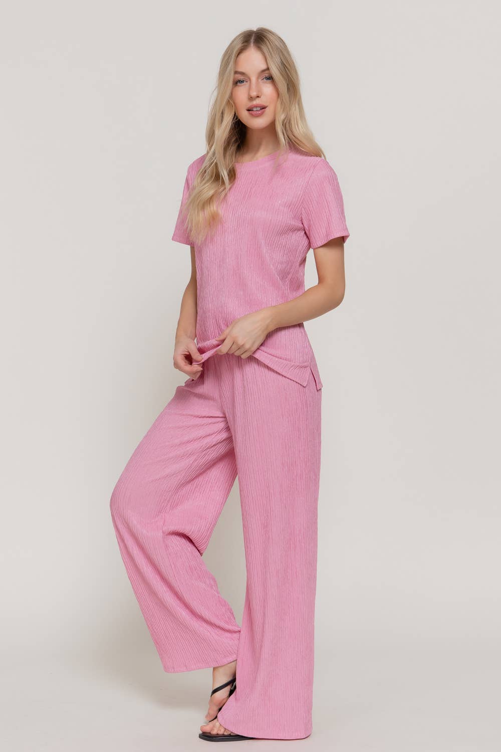 Active USA - Women's Short Sleeve Top & Wide Knit Pants Set - SET14970