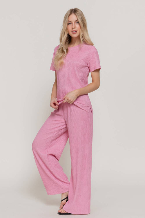 Active USA - Conjunto de top de manga corta y pantalón de punto ancho para mujer - SET14970