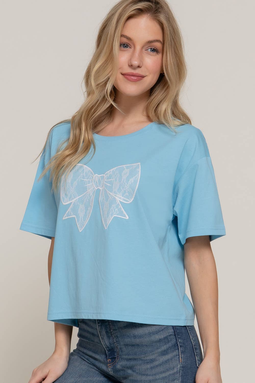 Active USA - Women's Short Sleeve Crew Neck Lace Patch Oversize Cotton Jersey Top - T14465