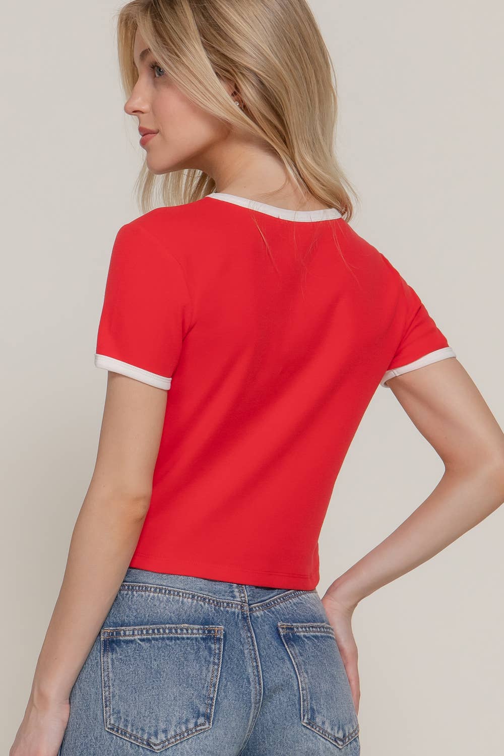 Active USA - Women's Short Sleeve Crew Neck Embroidery Ringer T-shirt - T14440