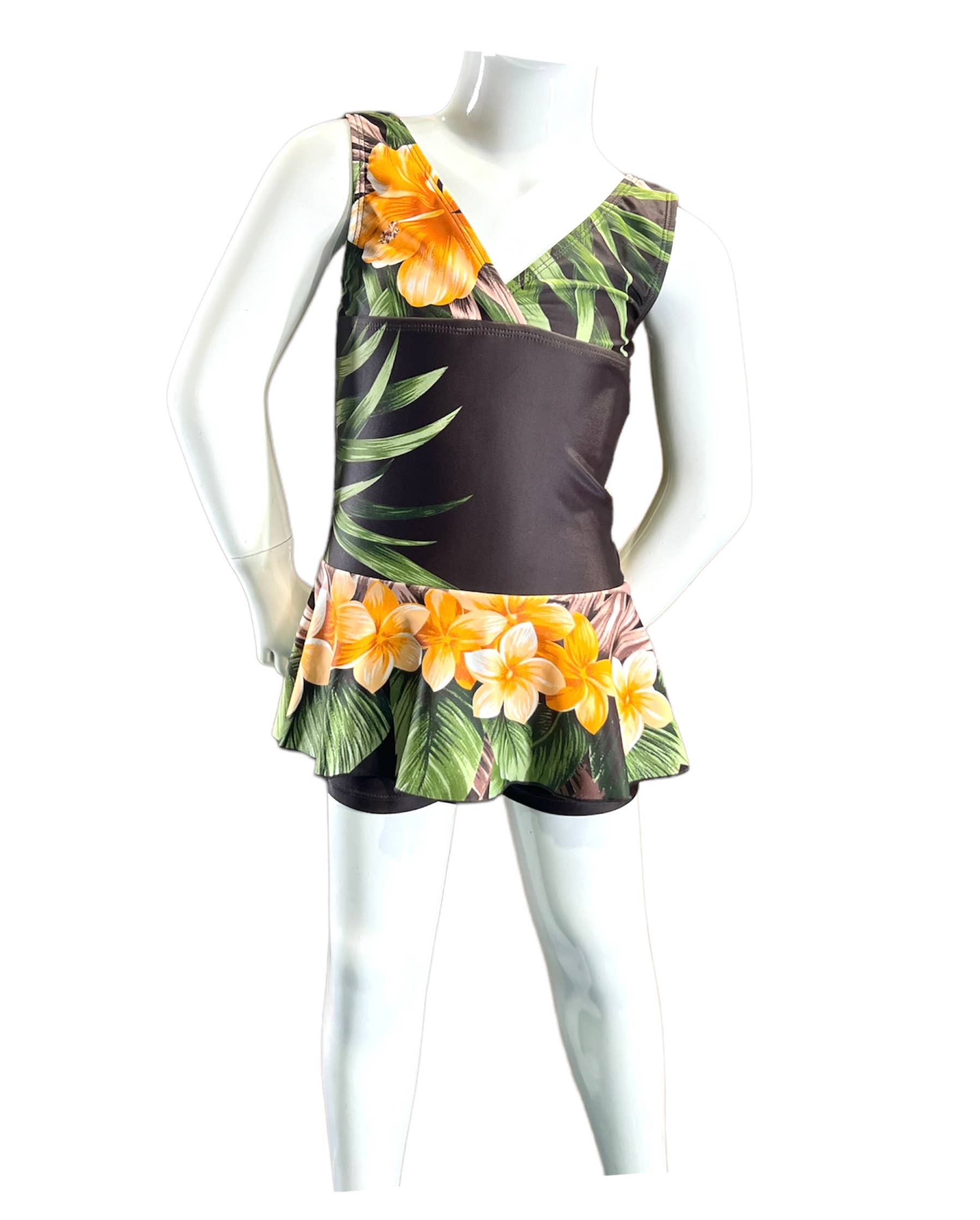 Girls Swim dress 1pc w/boy short under the skirt - Aloha Brown - K4723