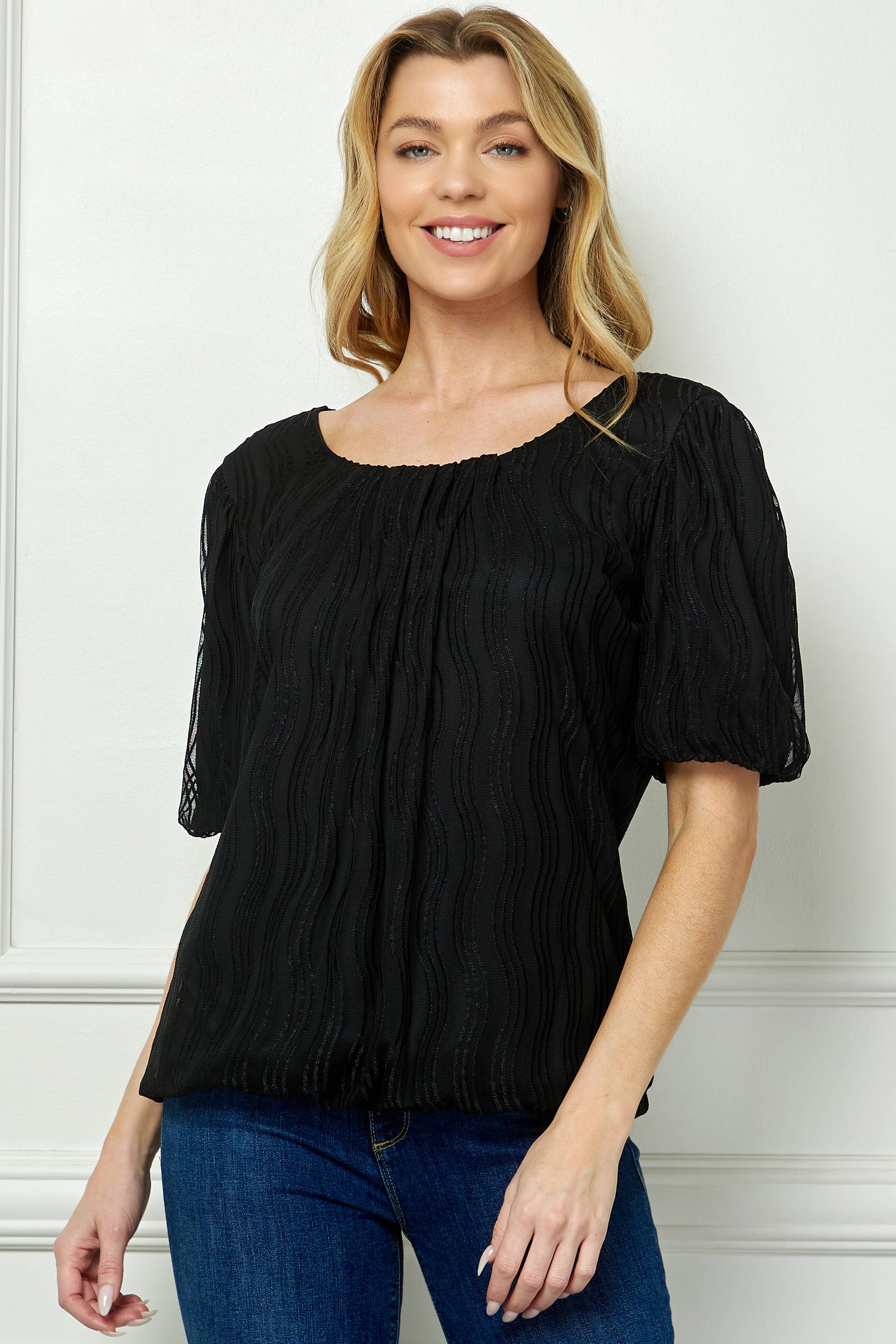 Winslow Collection - Women’s Wave Cord Mesh Bubble Sleeve Pleats Top - G52984T44