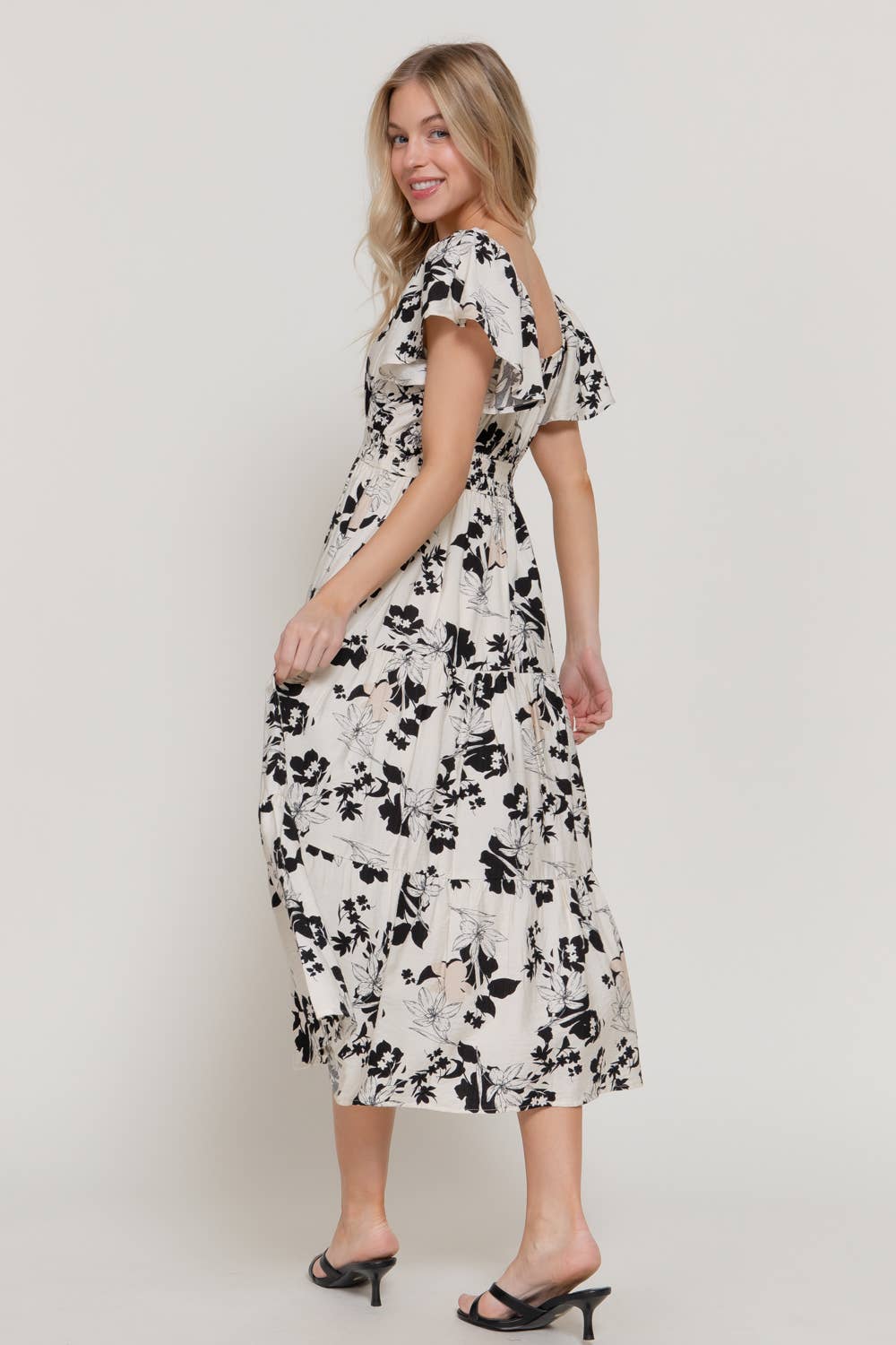 Active USA - Women's Short Flutter Sleeve V-Neck Maxi Printed Dress - D15017