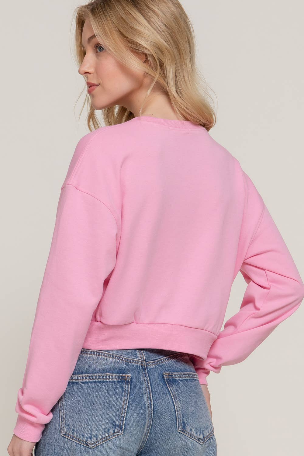 Active USA - Women's Long Dolman Sleeve Crew Neck Embroidery Crop Sweatshirt - T13931