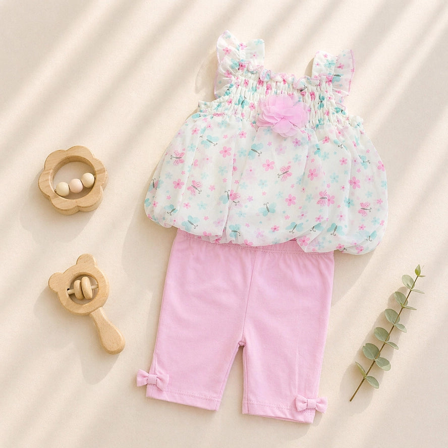 Conjunto de 2 piezas para bebé de blusa y leggings de gasa con estampado floral - B047G206