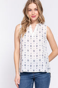 Active USA - Sleeveless Open V-Neck High & Low Print Woven Top - T13419