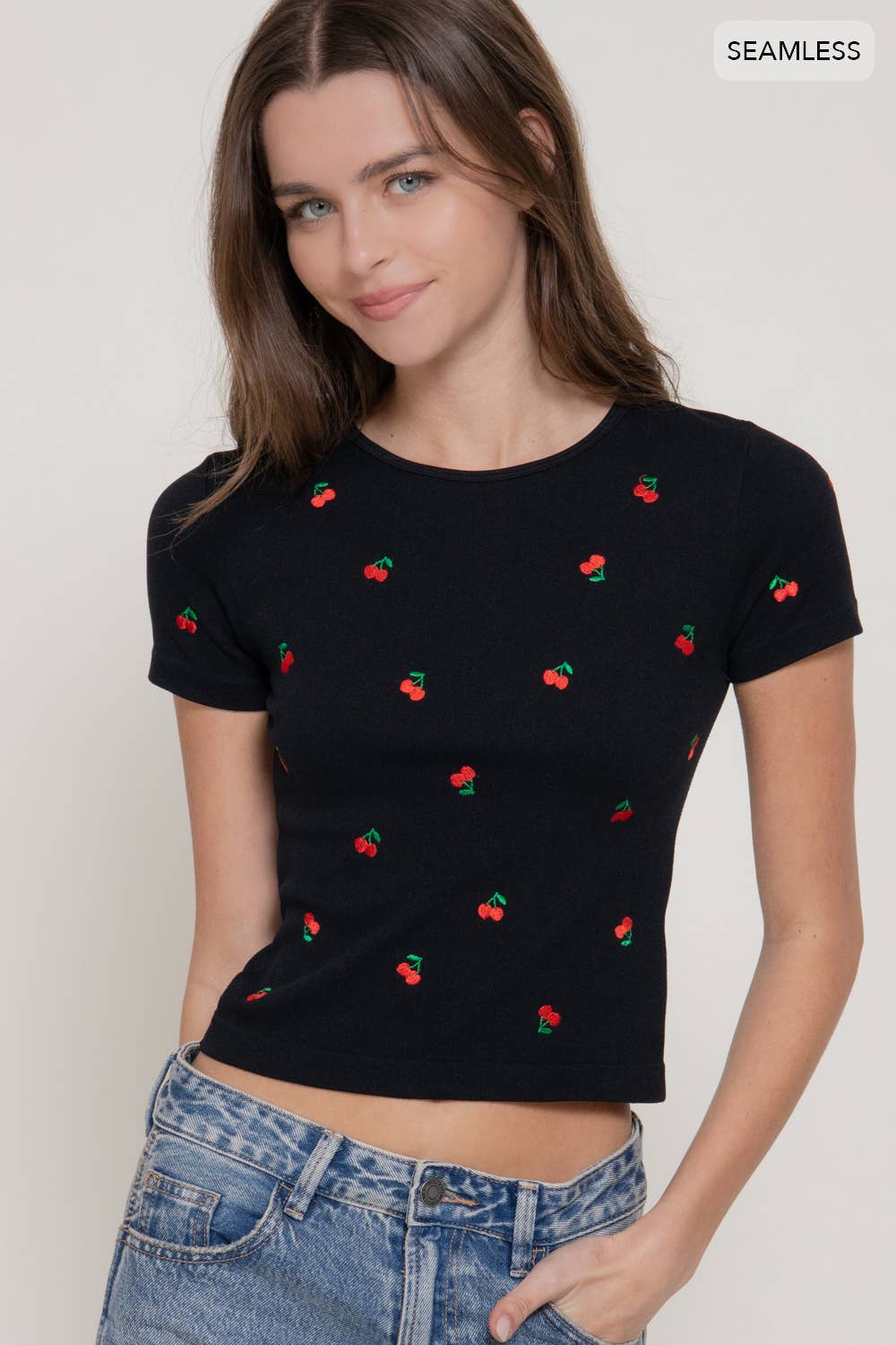 Active USA - Women's Short Sleeve Crew Neck Cherry Embroidery Detail Seamless Top - T15245