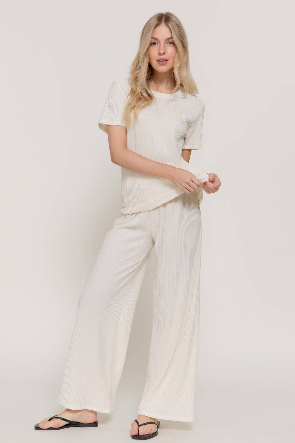 Active USA - Women's Short Sleeve Top & Wide Knit Pants Set - SET14970