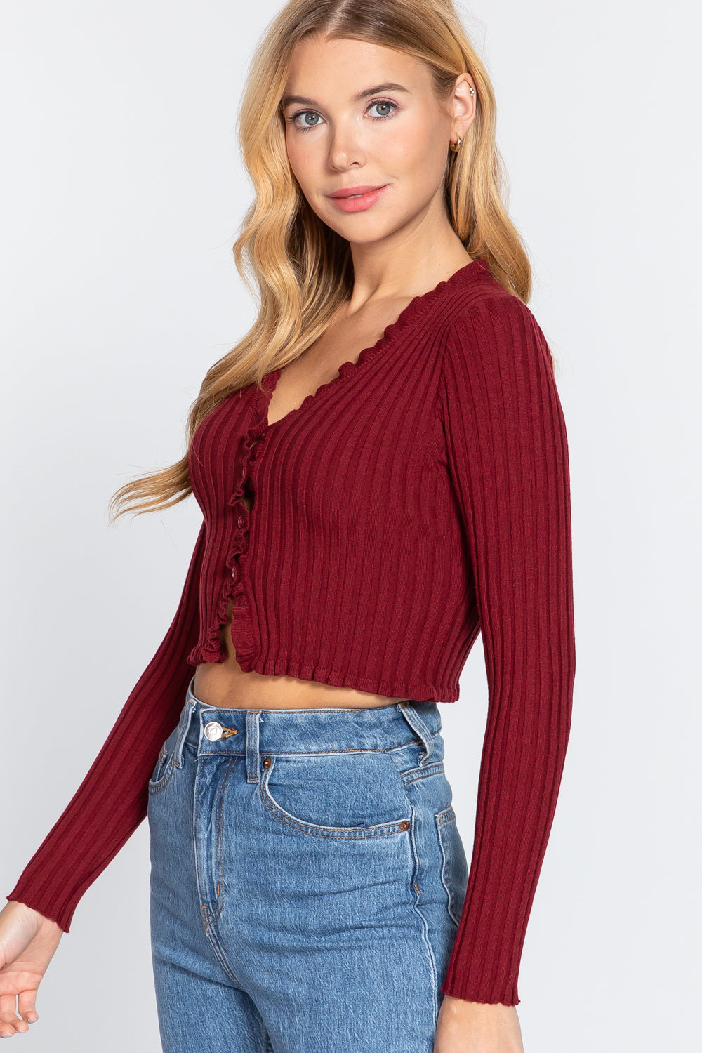 Active USA - Long Slv Ruffle Rib Sweater Cardigan - SW13186