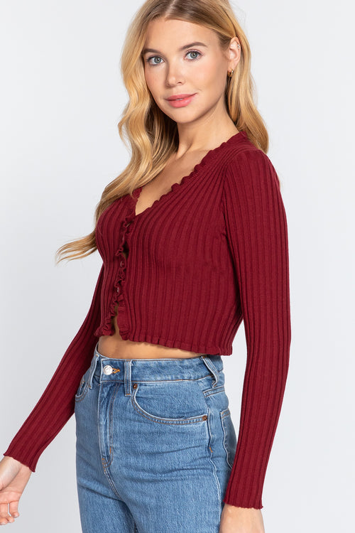Active USA - Long Slv Ruffle Rib Sweater Cardigan - SW13186