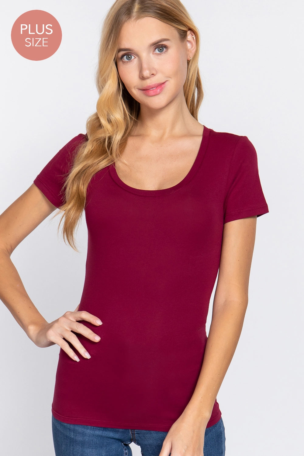 Active USA - Women's [Plus Size] Short Sleeve Scoop Neck Cotton Jersey Top - T7663