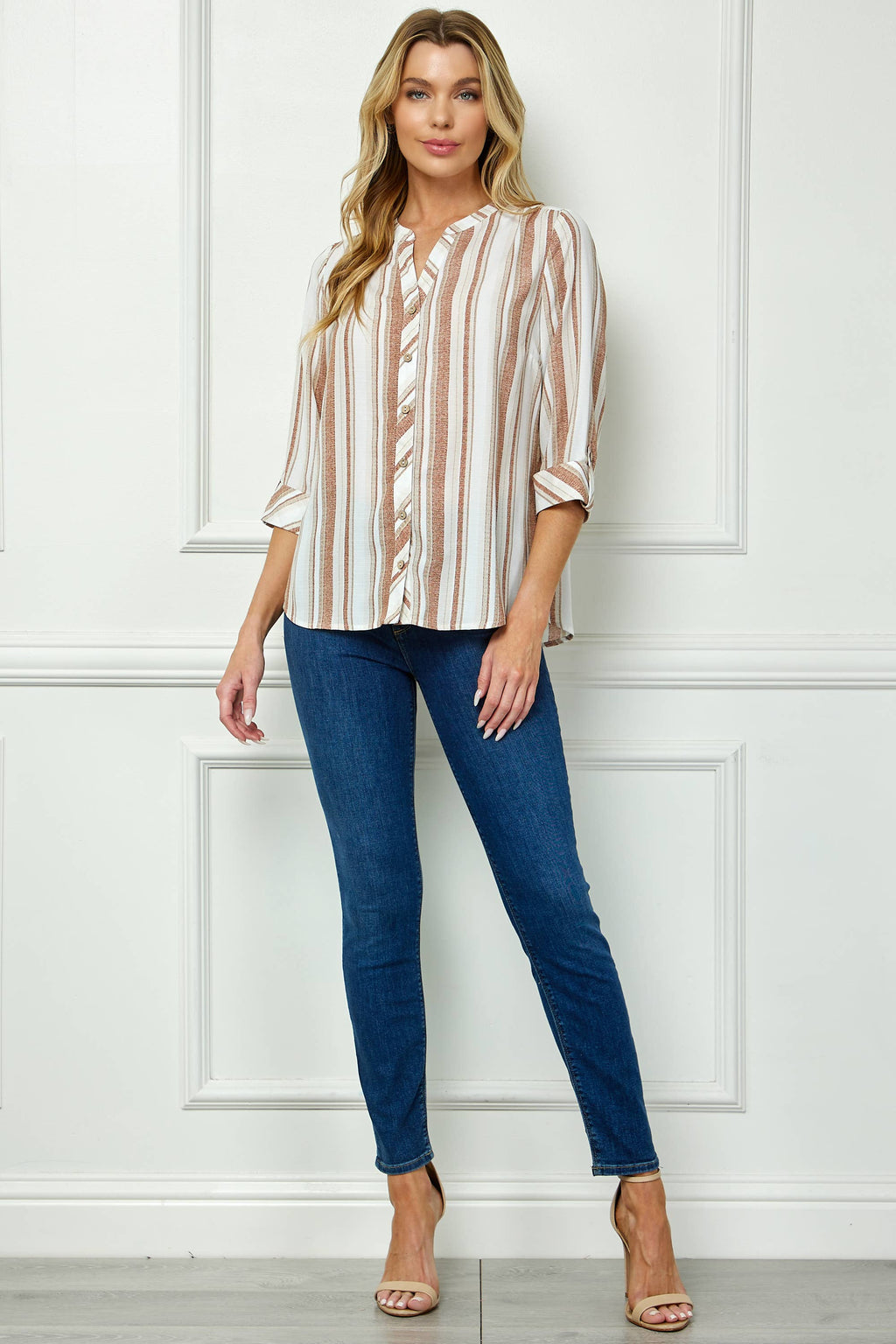 Colección Winslow - Blusa de Mujer con Cuello Mandarín y Manga 3/4 enrollable - G946551A83