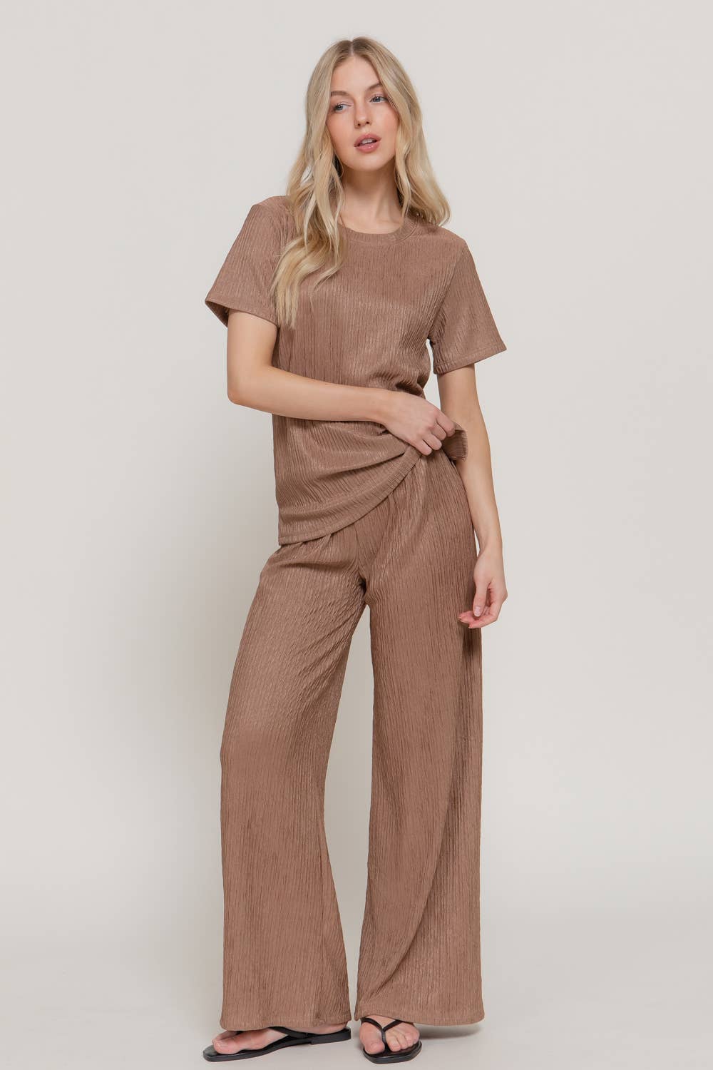 Active USA - Women's Short Sleeve Top & Wide Knit Pants Set - SET14970