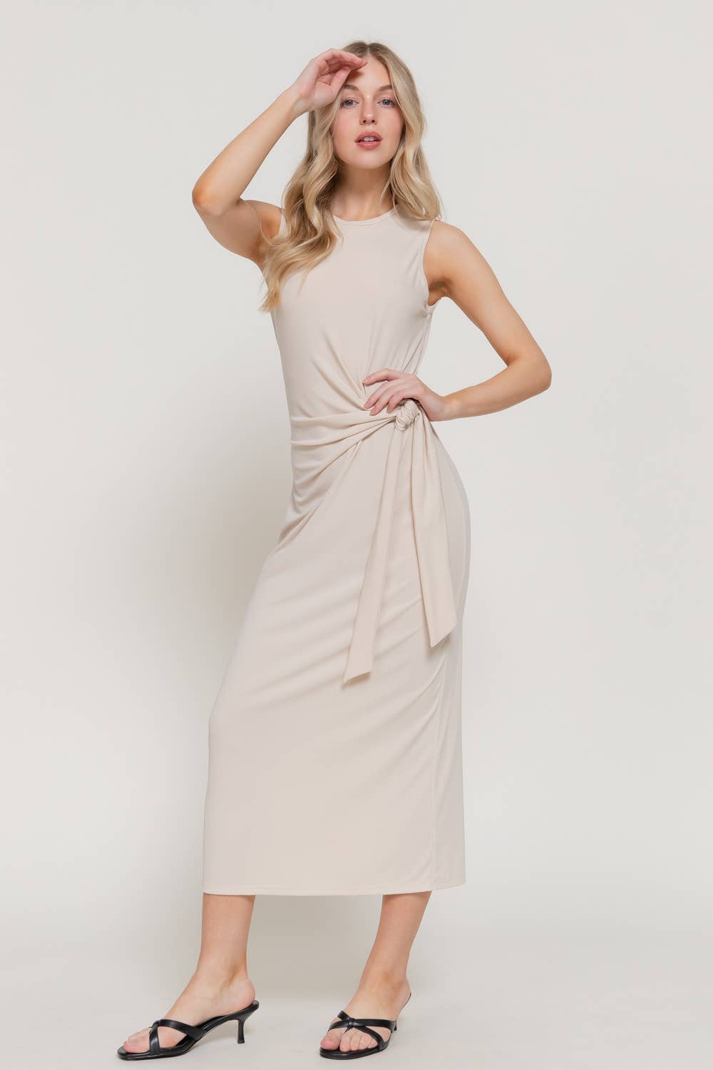 Active USA - Vestido Midi sin Mangas con Cuello Redondo y Detalle en la Cintura para Mujer - D15175