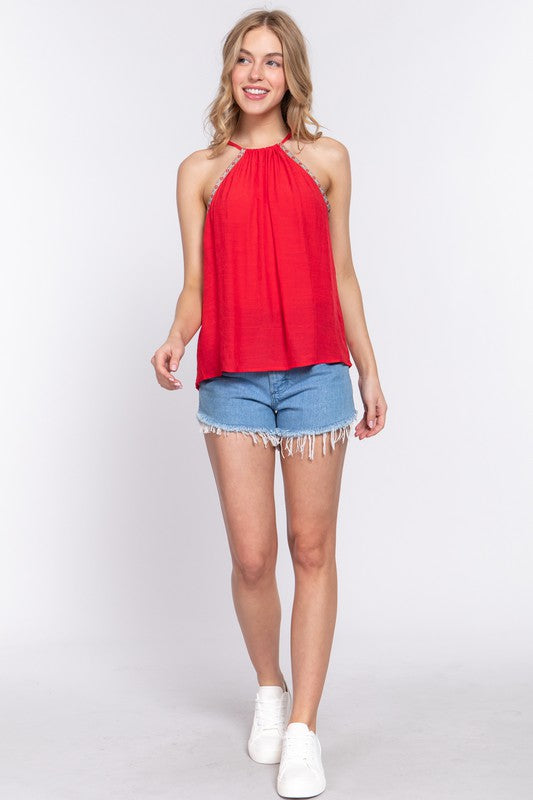 Active USA - Halter Neck with Cluny Tape Slub Gauze Top - T13514